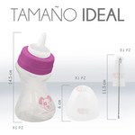 Measurement chart of a bottle with a purple cap and a small container, labeled 'Tamaño Ideal' on a white background.
