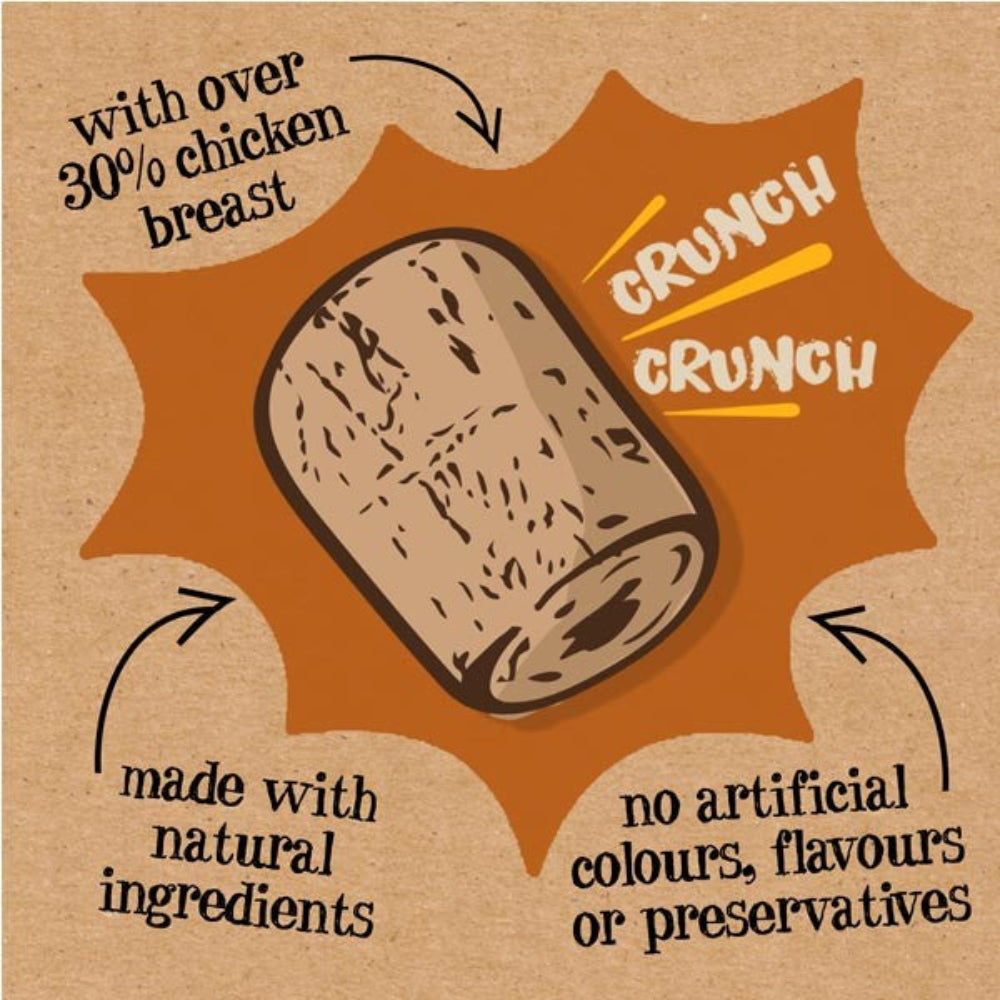 Product packaging with text about chicken breast content, natural ingredients, and no artificial additives on a brown background.