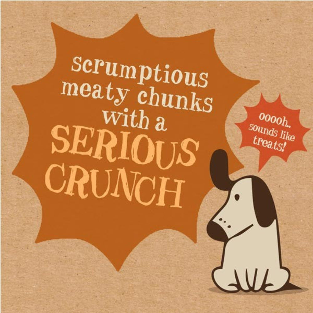 Dog illustration with text about dog food on a brown background