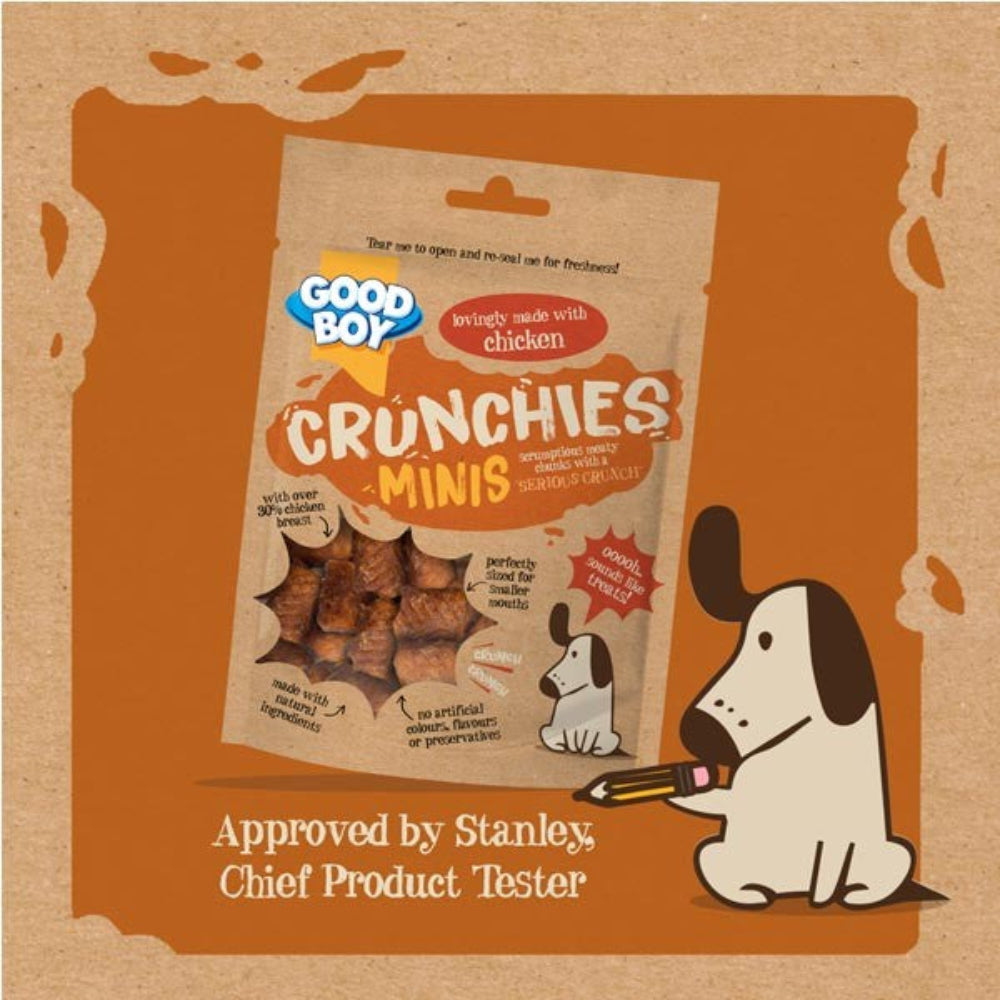 Good Boy Crunchies Minis dog treat package on a brown background with a cartoon dog.
