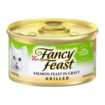 Can of Fancy Feast Salmon Feast in Gravy Grilled cat food on a white background