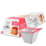 Packaging of Purina Gourmet Revelations cat food with a single portion on a white background