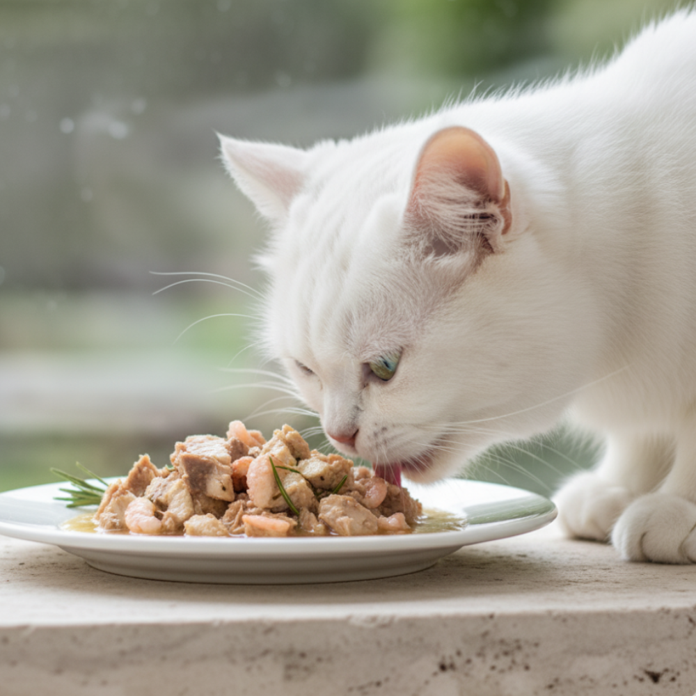 White cat eating from a plate of food on a wooden surface with a blurred natural background