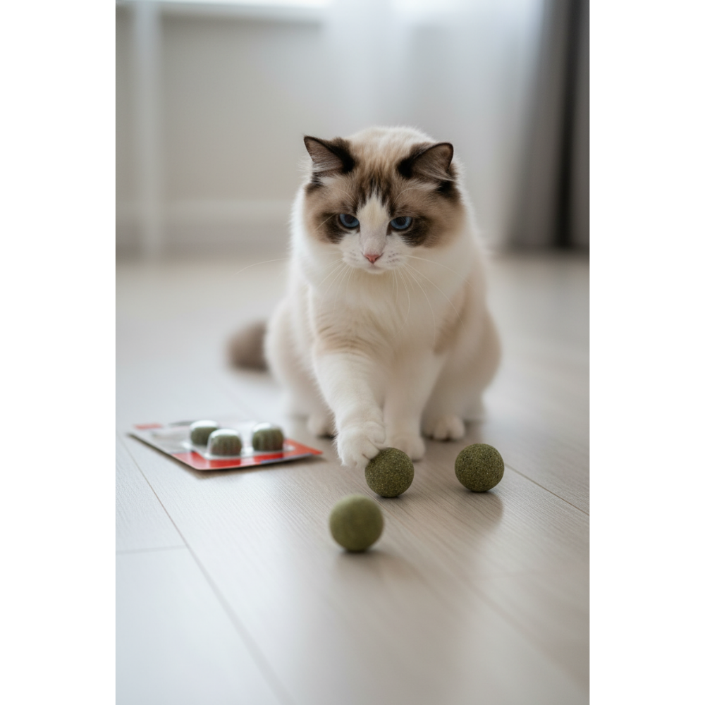 Cat playing with green catnip balls on a wooden floor