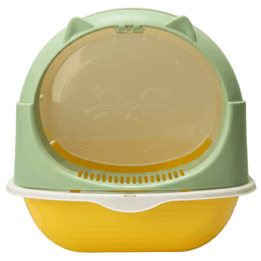 Cat litter box with a green top and yellow base on a white background