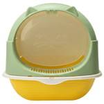 Cat litter box with a green top and yellow base on a white background