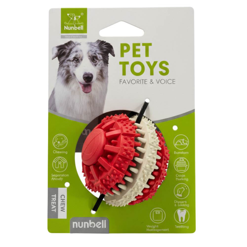 Nunbell dog toy packaging with a red and white ball and text on a green background