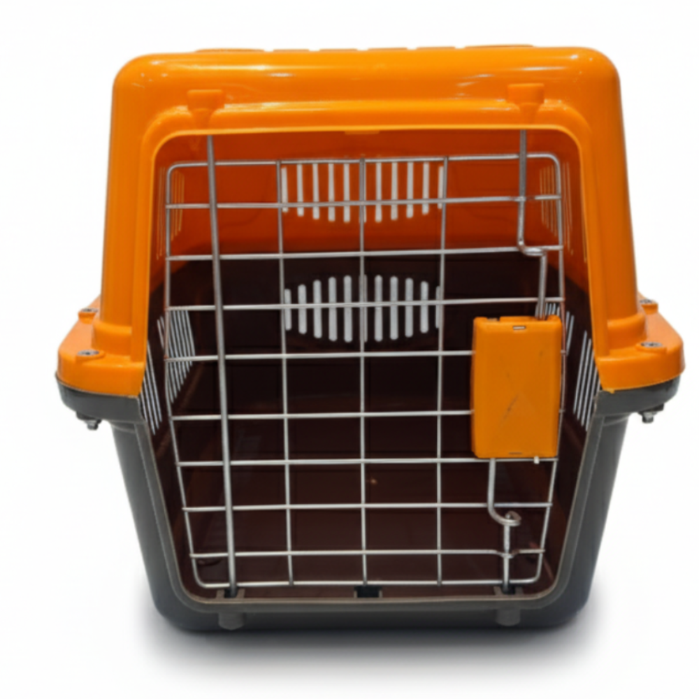 Pet carrier with orange top and black bottom on a white background