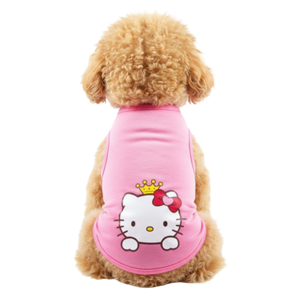 Small dog wearing a pink Hello Kitty outfit on a white background