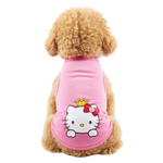 Small dog wearing a pink Hello Kitty outfit on a white background
