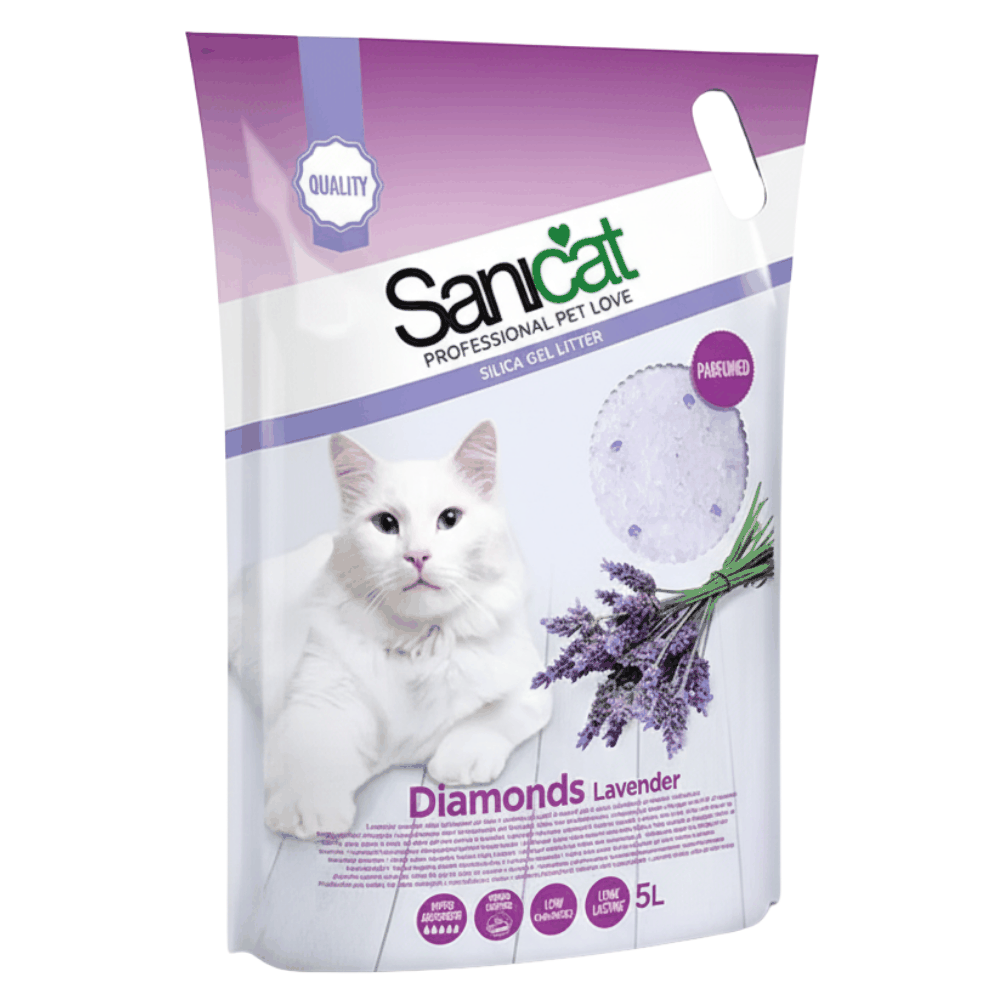 Sanicat Diamond Lavender cat litter packaging with a white cat and lavender on a white background