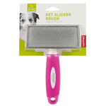 Pet slicker brush with pink handle on a white background