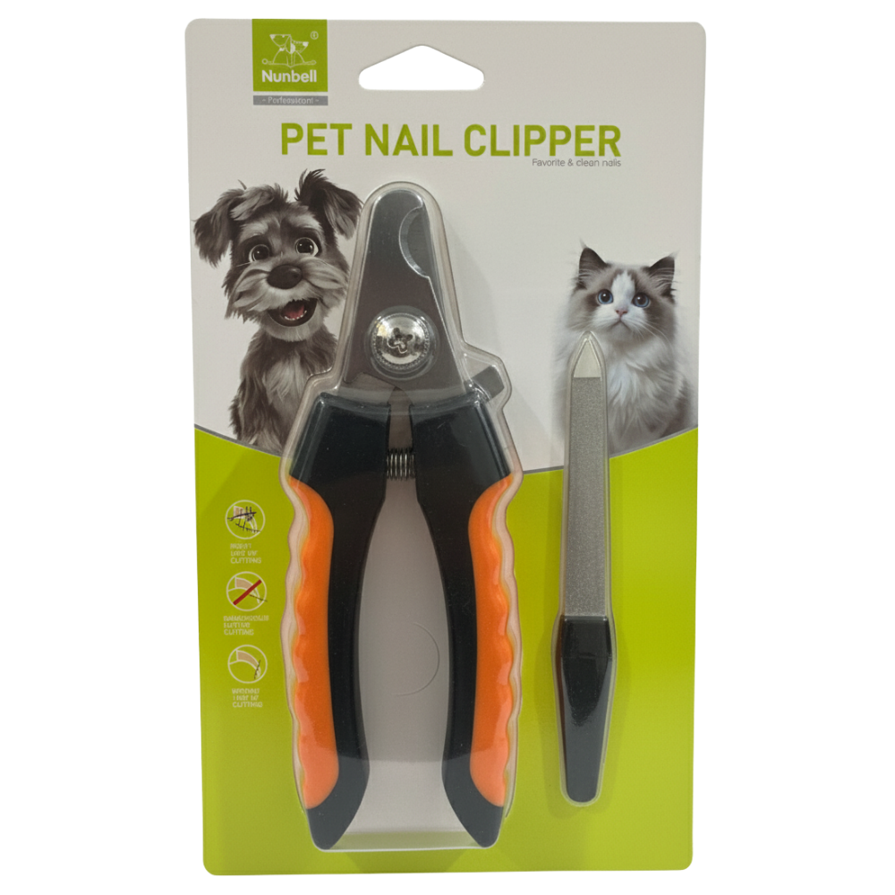 Pet nail clipper set with packaging featuring a dog and cat illustration.