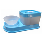 Blue and white pet feeding station with a bowl and water dispenser on a white background