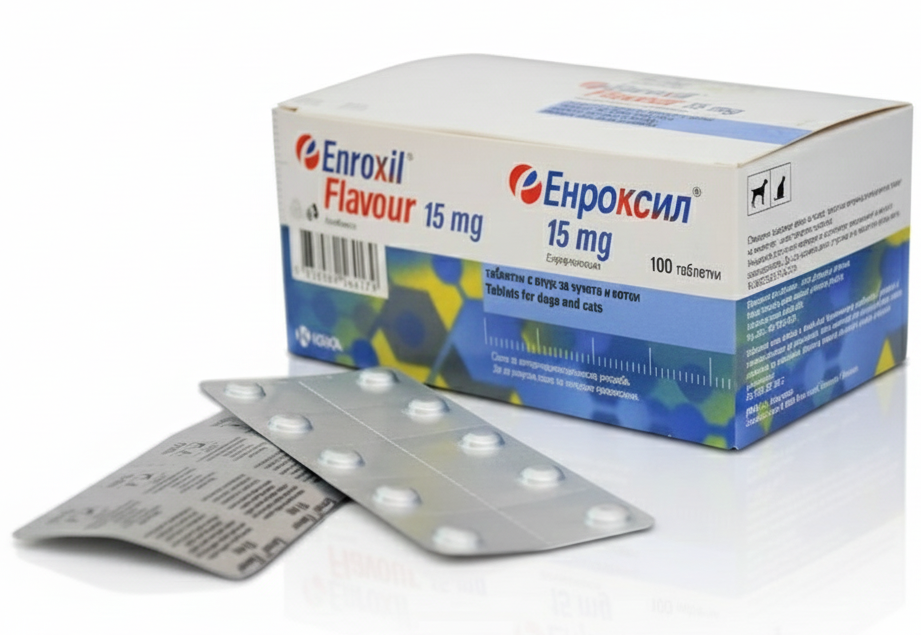Box of Enroxil Flavour 15 mg with tablets on a white background