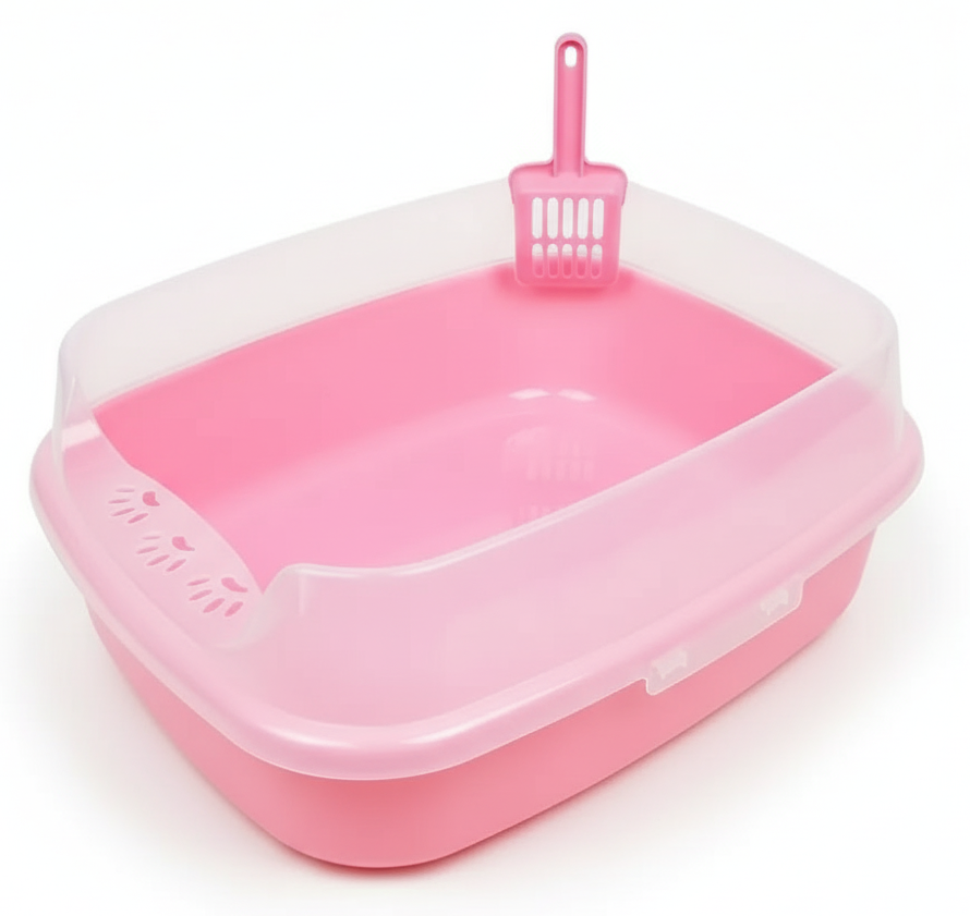 Pink pet litter box with a scoop on a white background