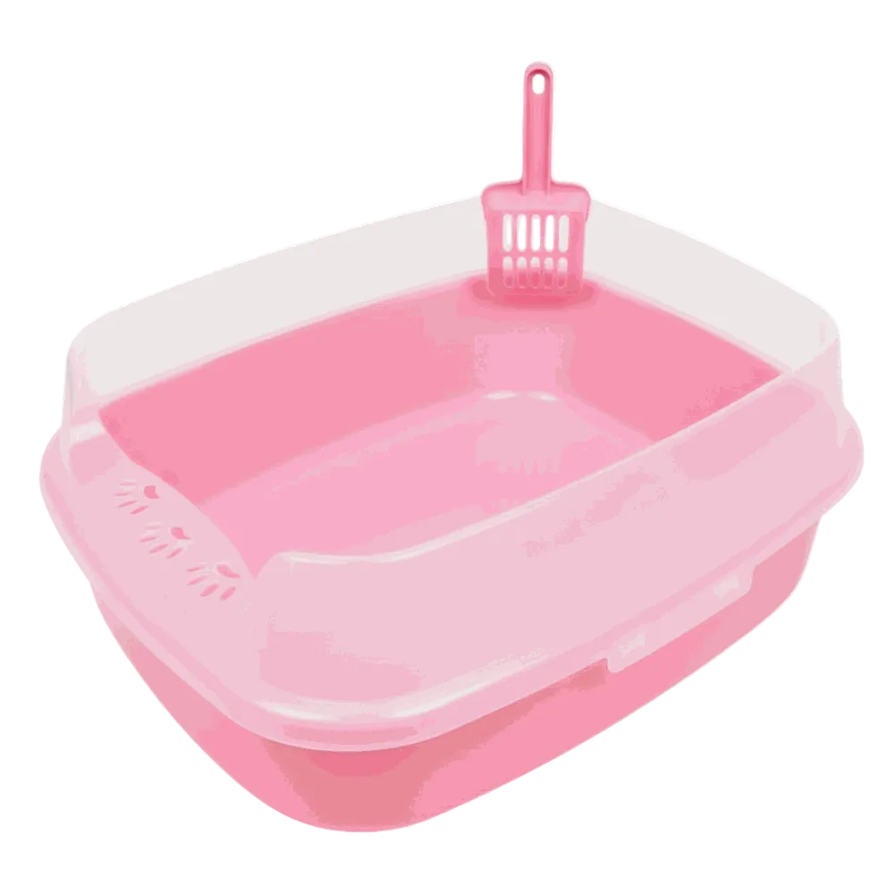 Pink pet litter box with a scoop on a white background