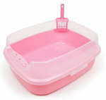 Pink pet litter box with a scoop on a white background