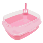 Pink pet litter box with a scoop on a white background