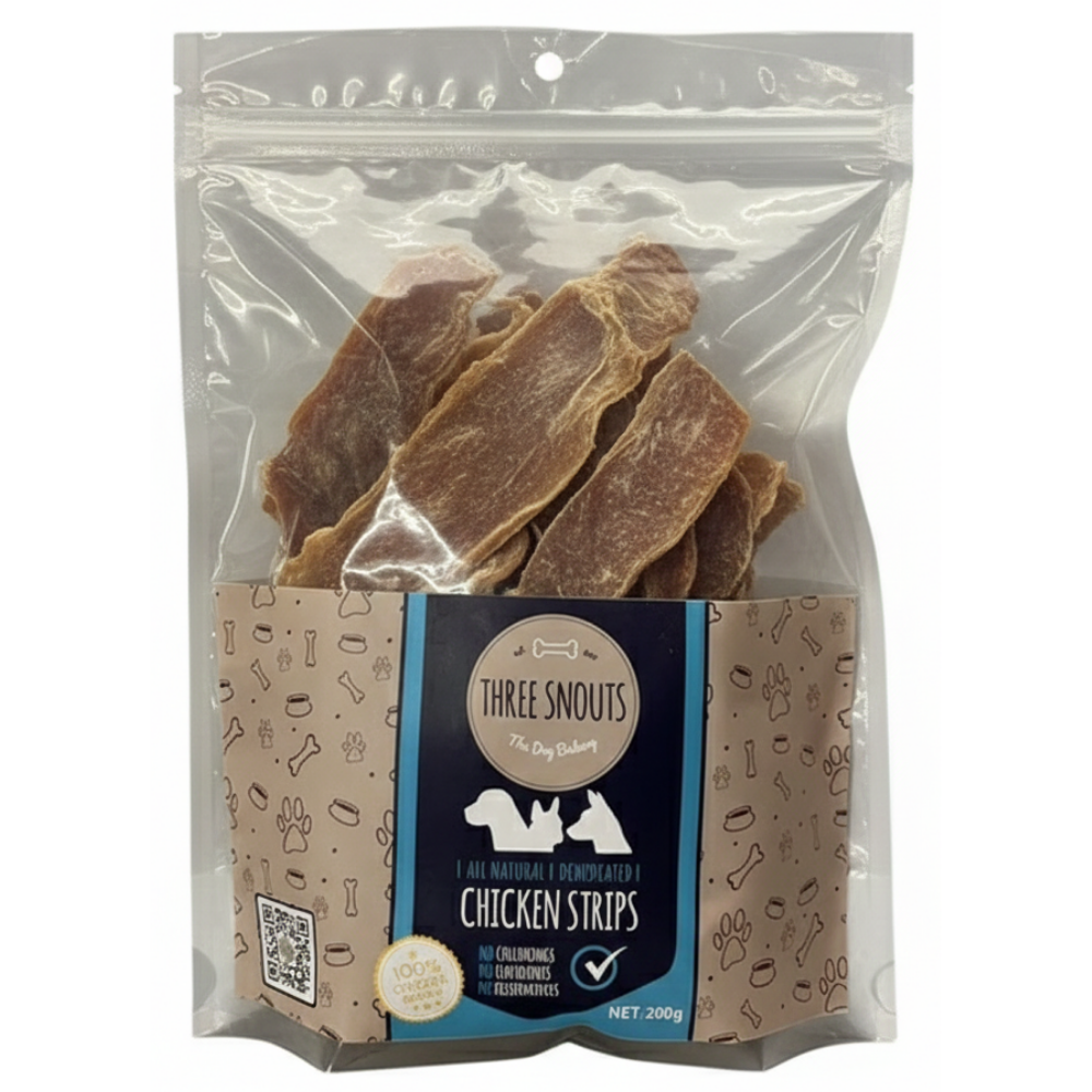 Package of Three Snouts chicken strips for dogs with a clear window showing the treats inside.