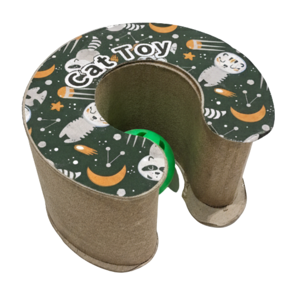 Cat toy made from a cardboard tube with a decorative top on a white background