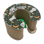 Cat toy made from a cardboard tube with a decorative top on a white background