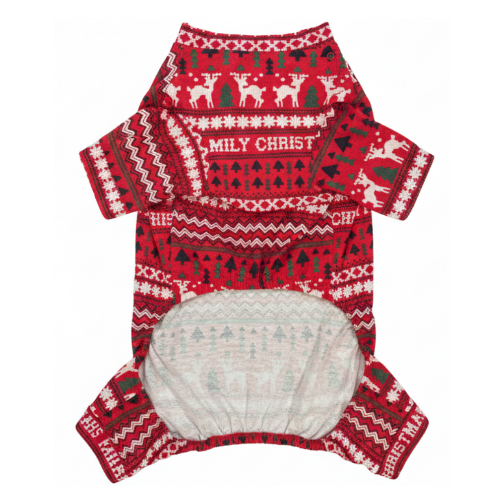 Red patterned dog sweater with a diaper on a white background