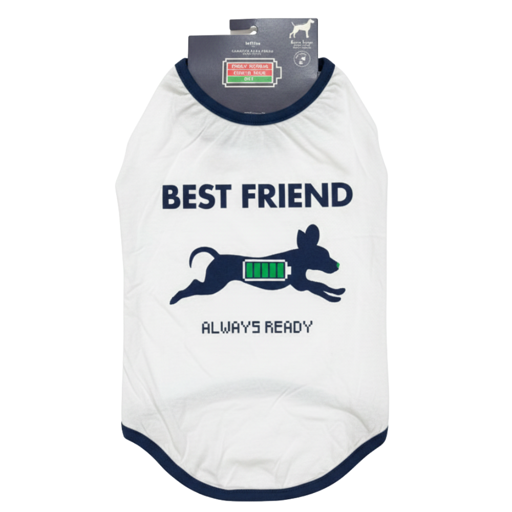 White pet shirt with navy trim and 'Best Friend Always Ready' text and graphic on a white background