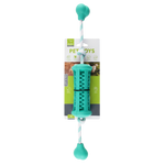 Teal dog toy with a handle on a white background