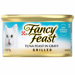 Can of Fancy Feast tuna feast in gravy for cats on a white background