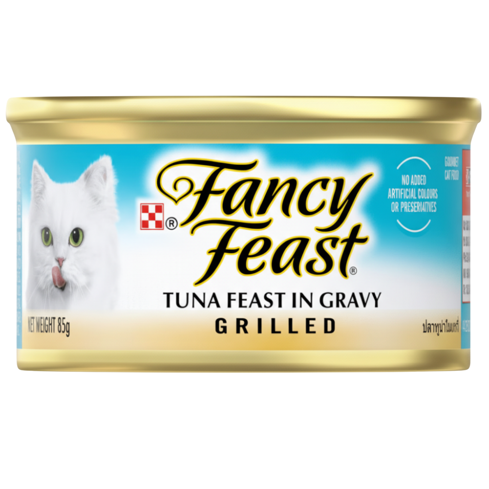 Can of Fancy Feast tuna feast in gravy for cats on a white background