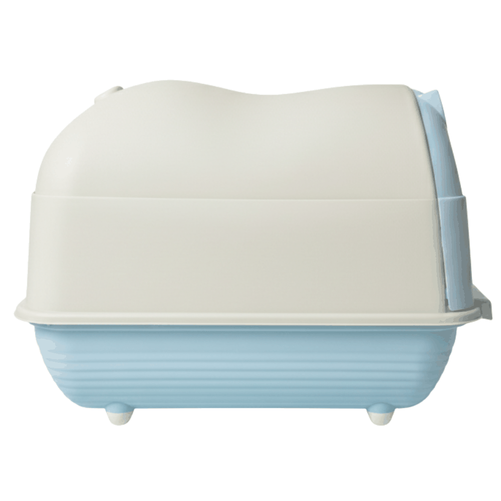 Pet litter box with beige top and light blue base on a white background
