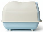 Pet litter box with beige top and light blue base on a white background