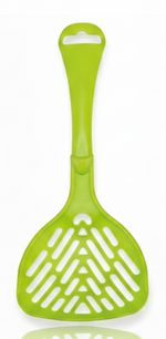 Green plastic spatula on a white background
