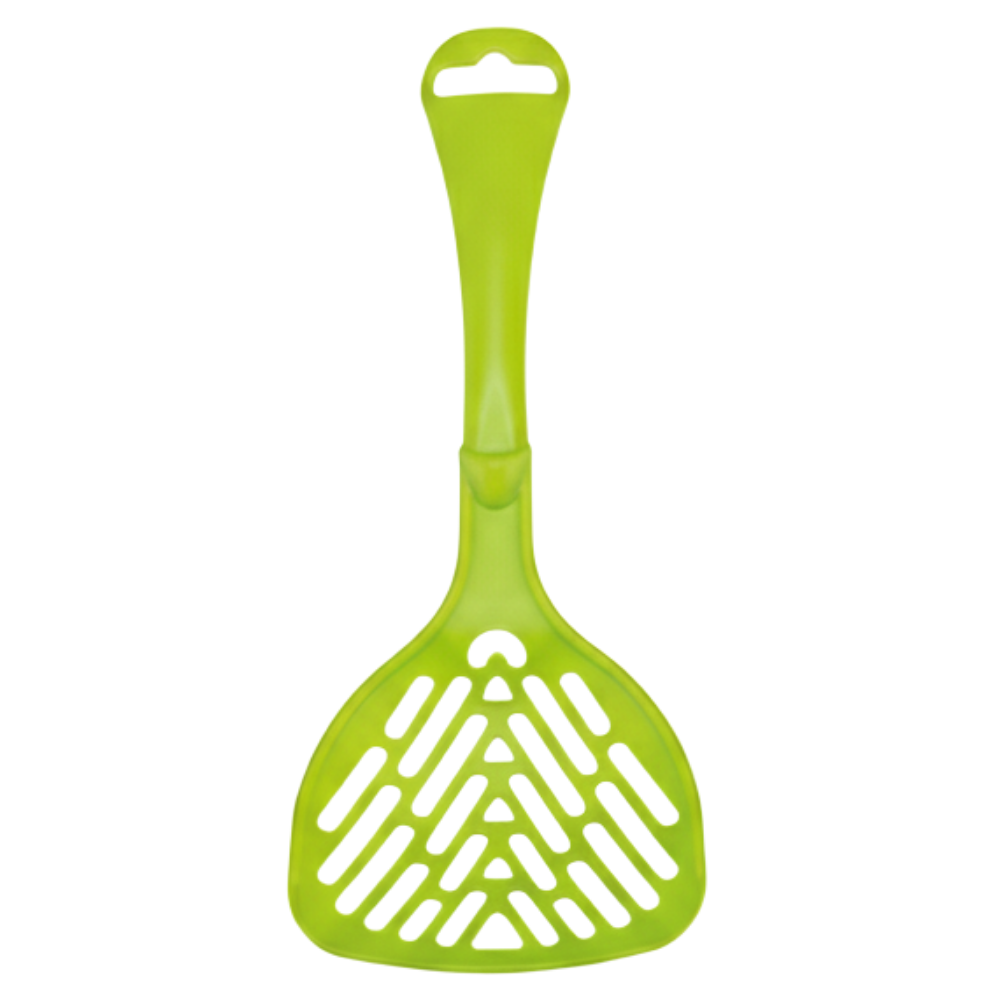 Green plastic spatula on a white background