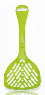Green plastic spatula on a white background