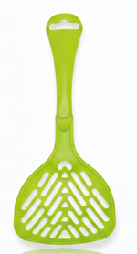 Green plastic spatula on a white background