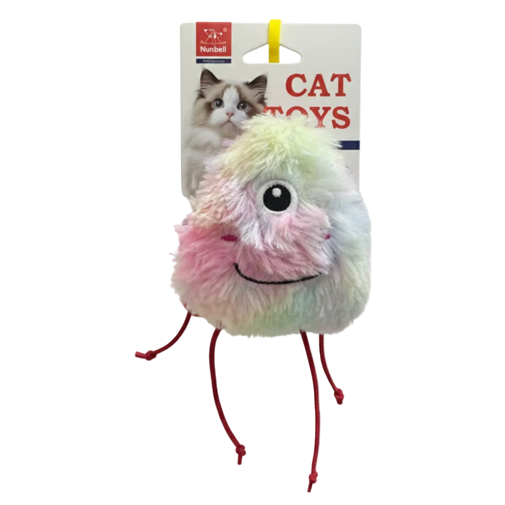 Cat toy with colorful plumage and red legs on a white background, branded as 'Nunbell'.