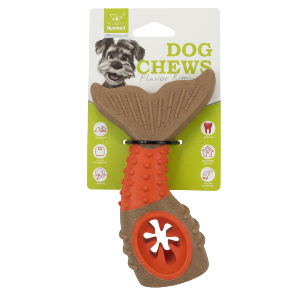 Dog chew toy with packaging featuring a dog's face and text.