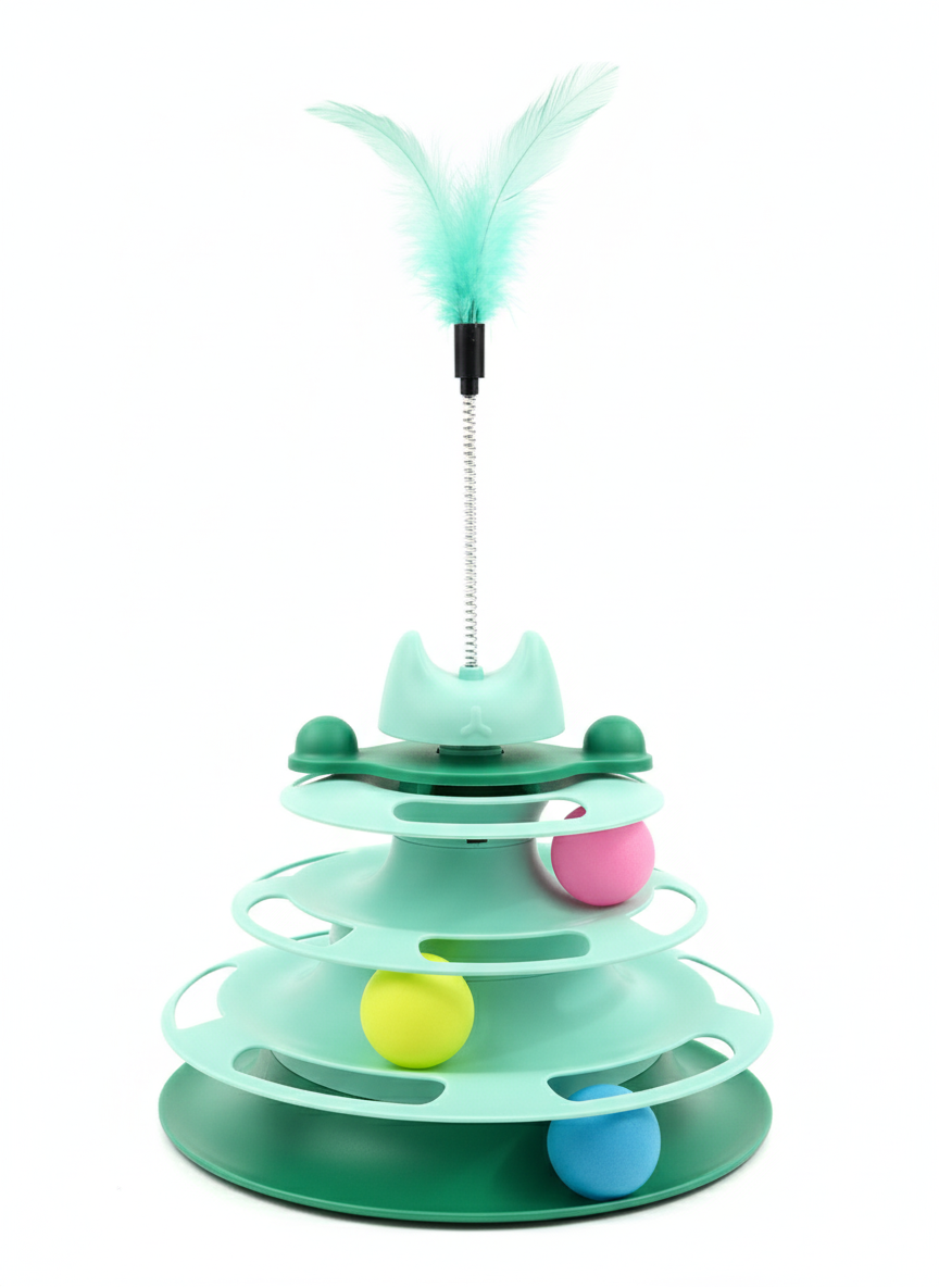 Green cat toy with multiple levels and colorful balls on a white background