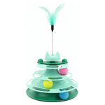 Green cat toy with multiple levels and colorful balls on a white background