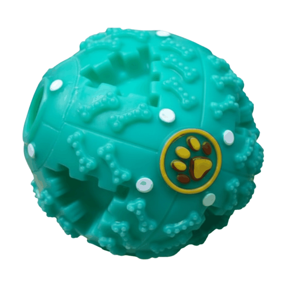 Teal textured ball with a paw print design on a white background