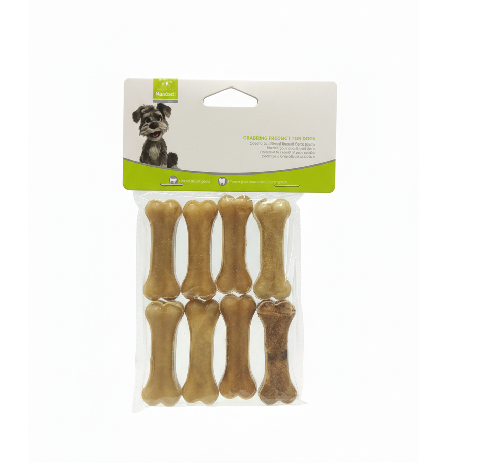 Pack of dog bone-shaped toys with packaging on a white background