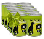 Nine cans of 'Buzz Chicken' with a green bow on a gray background