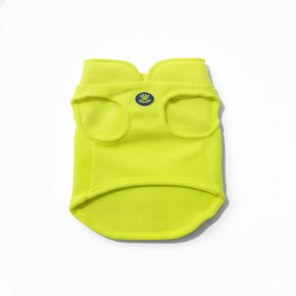 Yellow dog coat with a brand logo on a white background