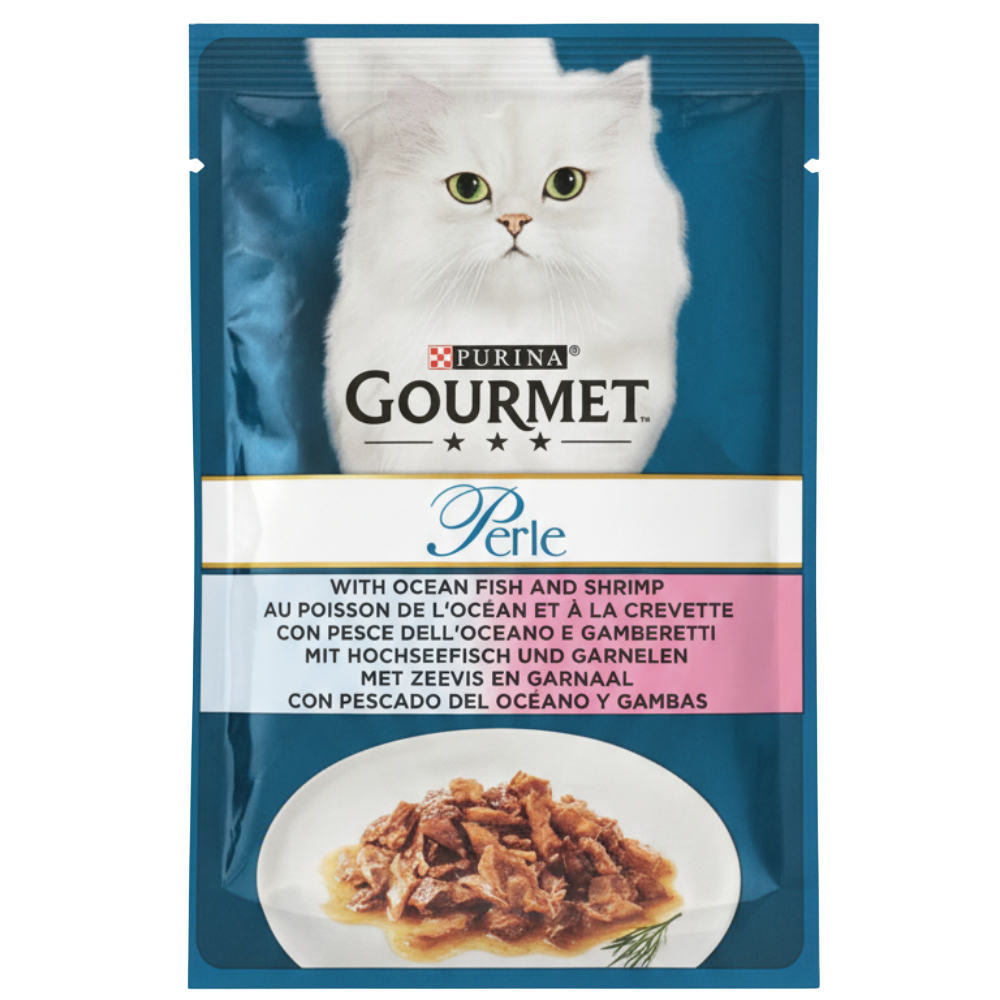 Purina Gourmet Perle cat food package with a white cat on a blue background
