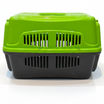 Green and black pet carrier on a white background