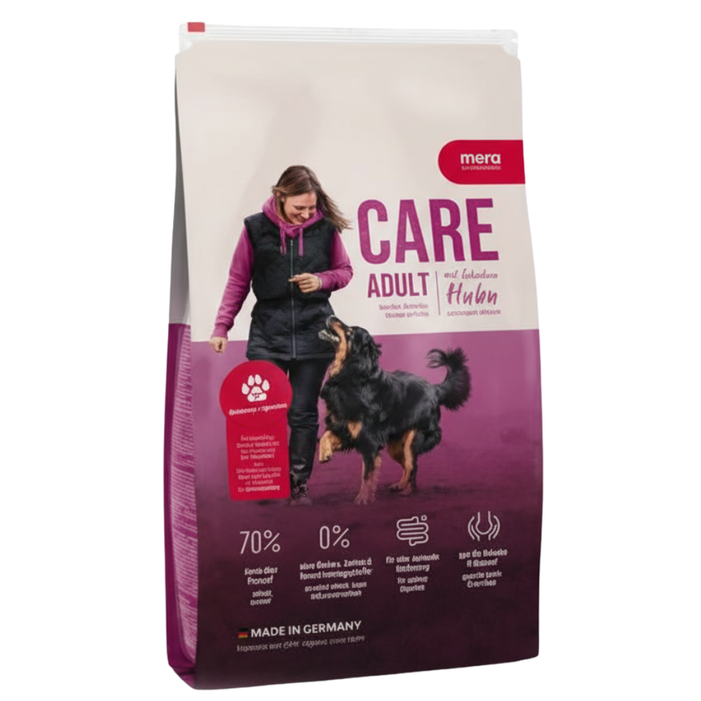 Dog food package with a woman and dog on the label, featuring the brand 'mero'.