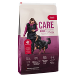Dog food package with a woman and dog on the label, featuring the brand 'mero'.