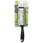 Cat grooming brush with a green label on a white background